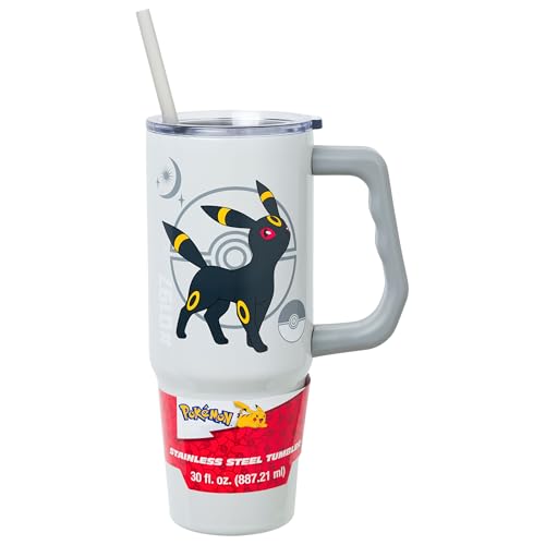 Silver Buffalo Pokemon Umbreon Double Walled Stainless Steel Tumbler with Handle and Straw Fits in Standard Cup Holder 30 Ounces