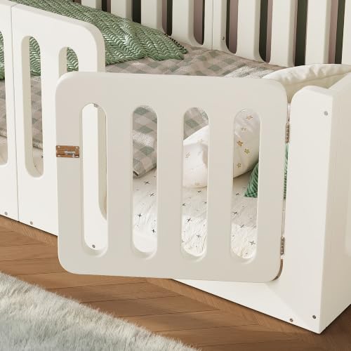 Image of Bellemave Twin Montessori Floor Bed Frame,Beige | Solid wood kids montessori floor bed with high safety fence & door, low to ground design for girls and boys