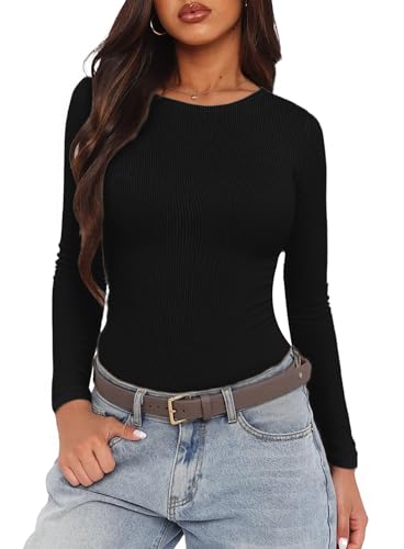 QUALFORT Women's Long Sleeve Shirts Ribbed Knit Tops Slim Fit Crewneck Basic Tee 2025 Casual T-Shirt Going Out Fall Outfits2
