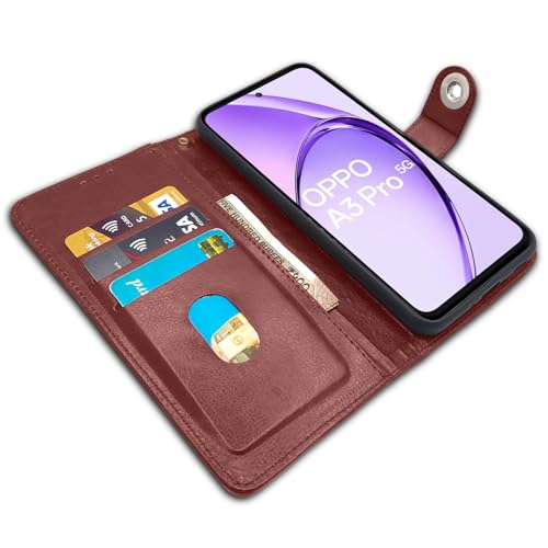 Image of Pikkme Flip Cover Leather Finish | Inside TPU with Card Pockets | Wallet Stand and Shock Proof | Complete Protection Button Flip Case for Oppo A3 Pro 5G (Brown)