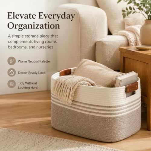 Image of Cotton Rope Laundry Basket Large, 19.2GAL Collapsible Woven Storage Baskets for Living Room Kids Toys Stuffed Animal,Boho Rectangular Decorative Short Hamper for Dirty Clothes, Blankets White Brown