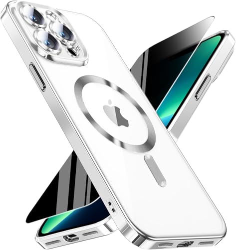 Image of Magnetic for iPhone 13 Pro Max Case with Privacy Screen Protector & Full Camera Cover,[Non-Yellowing] Plating Glossy Soft Shockproof Clear Phone Case with MagSafe Women Girls for 13 ProMax,Sliver