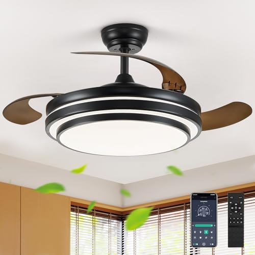 FIDGRA 42 Inch Fandelier Ceiling Fan with Light Retractable Ceiling Fan with Lights for Bedroom Living Room Dinning Room Chandelier with Fan 6 Speed 3 Color Temperature-Black