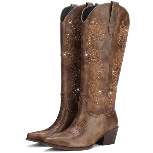 Cowboy Boots for Women Wide Calf Cowgirl Boot Embroidered Western Square Toe Chunky Heel with Studs Pull On Knee High Retro Fall Fashion Shoes