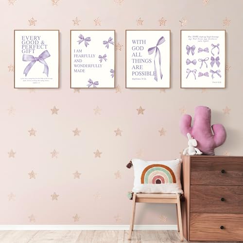 Image of LARTSFRO Coquette Purple Bow Wall Art Decor Posters, Purple Bow Room Bedroom Bathroom Dorm Wall Art Decor Aesthetic for Teen Girls Gifts, Inspirational Bible Verses Bow Wall Decor, 12x16 Inch Set of 4 Pcs Bow Pictures (UNFRAMED)