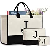 GASSDA Initial Canvas Tote Bag, Birthday Gifts For Women, Monogram Personalized Gifts For Women Mom Teachers Bridesmaids (J 3PCS)