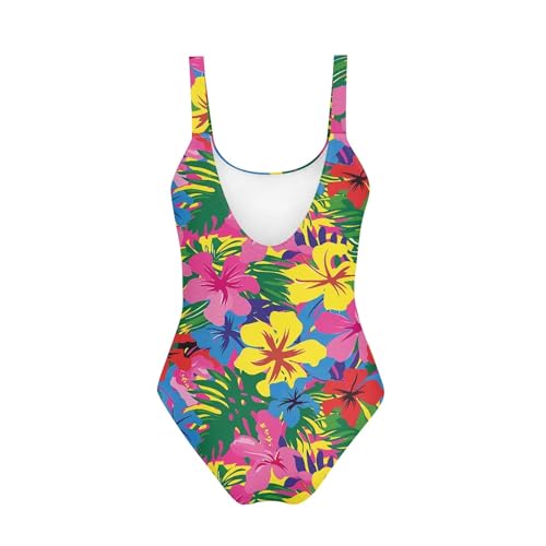 Image of Girls Teen Bathing Suit One Piece Swimsuit Hawaiian Pattern Vibrant Tropical Floral Print Summer Retro Beach Wear Quick Dry Swim Dress 13-14 Years