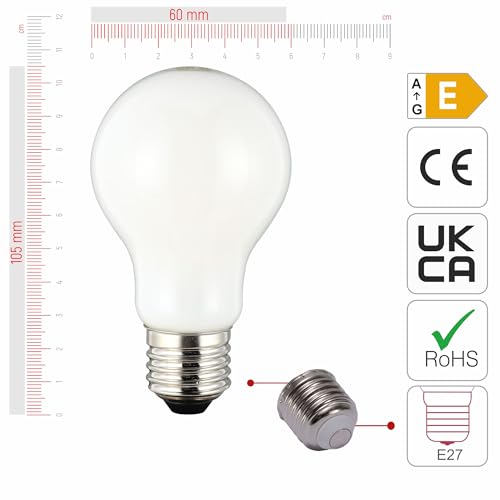 TEKLED® A60 GLS NONDIMMABLE Filament LED Bulbs | E27 Edison Screw | A19 Energy Saving 6.5W Light Milky White Glass Bulb 55W Incandescent Bulb Equivalent | 4000K 850LM | 4-Pack | Cool White