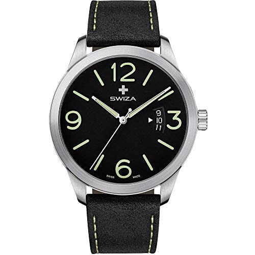 SWIZA Polshorloge MAGNUS, ETA F07.111 uurwerk, saffierglas, roestvrij staal 316L behuizing, zwarte wijzerplaat, kalfsleer,