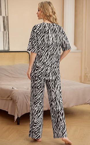 Image of PrinStory Womens Pajamas Sets 2 Piece Lounge Set Short Sleeve Tops and Long Pants Soft Pjs Loungewear with Pockets