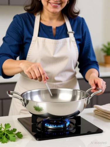 Image of Bhalaria Triply Stainless Steel Kadhai 22cm 2 Litre | Induction Base Deep Fry Pan | Food Grade Heavy Gauge 3 Layer Body | Gas Compatible Cooking Wok for Sabzi & Curry | Dishwasher Safe