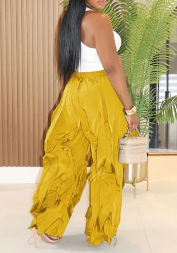 Image of Lucuna Women Balloon Pants Ruffle Fringe Drawstring High Waist Wide Leg Baggy Joggers Parachute Pants