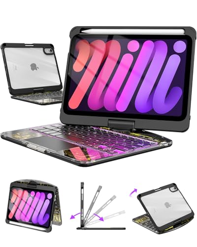 Image of Clear Keyboard Case for iPad Mini 7 A17 Pro(2024) & Mini 6 (2021) 8.3 inch, 7-Color Backlit Wireless Keyboard with Touchpad, 360 Rotating Stand, Pencil Holder for iPad mini 7th /6th Generation, Black