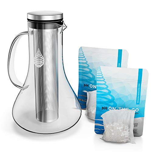 pH Replenish Glass Alkaline Water Pitcher by Invigorated Water - High pH Filtered Water Purifier - Includes Long Life Filter, 61oz (1800ml) + pH ON-The-GO Alkaline Water Filter Pouch 100g 1 pk