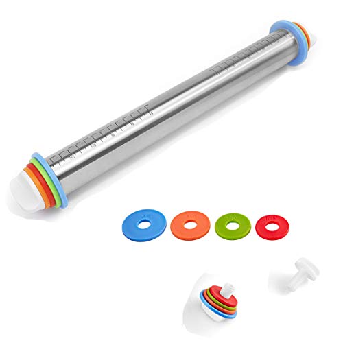 HONGLIDA 17-inch Adjustable Rolling Pin with Thickness Rings Non Stick Stainless Steel Dough