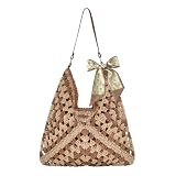HTTDSLF Bolsos de Paja Mujer Verano, Elegante Bolso de Mano Bohemio, Práctico Bolso de Hombro Rafia para Mujer, Bolsos Tejidos Crochet, Tote Bag Para Viaje Fiesta Vacaciones (Beige)
