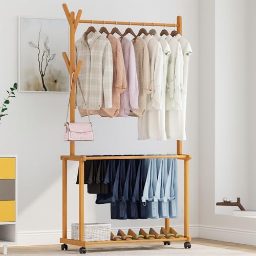 Image of LEOPAX Rolling Coat Rack, Bamboo Garment Rack, Clothes Hanging Rail With 2 Shelves 4 Hooks for Shoes, Hats & Scarves, Clothes Stand For Hallway, Living Room, Guest Room (Size : 80x37x175cm) - Beige