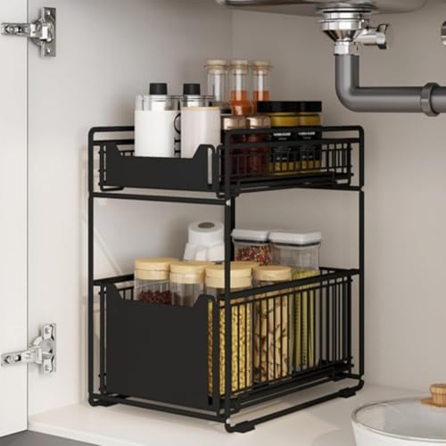 リン和膳居ですシンク下収納ラック 2段 幅22cm シンク下 収納 スライド 折疊款 シンクした収納ラック 洗面台下 収納 ホワイト シンク下 収納 引き出し (Large,ブラック)