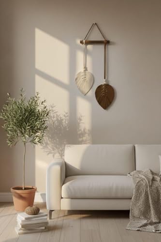 Image of AdFashionble Boho Macrame Wall Hanging Leaf Decor for Home, Living Room & Bedroom | Cotton Thread Art with Wooden Rod | Minimalist Handmade Wall Decoration | Aesthetic Nordic Wall Art for Home, Office & Gift Purpose (BROWN & OFFWHITE)