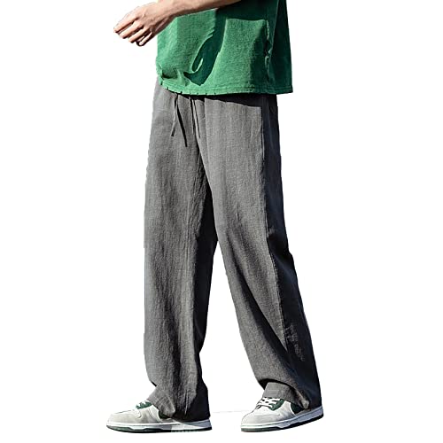 Pantalon en lin pour homme coupe droite et large couleur unie