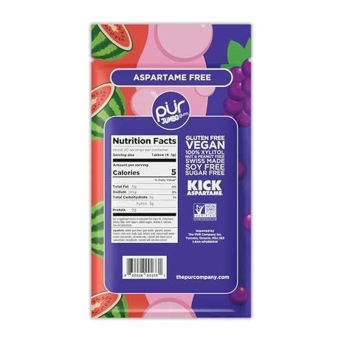 PUR Jumbo Gum | Aspartame Free Chewing Gum | 100% Xylitol | Natural Bubblegum, Grape, Watermelon Flavor, 20 Pieces (Pack of 3)