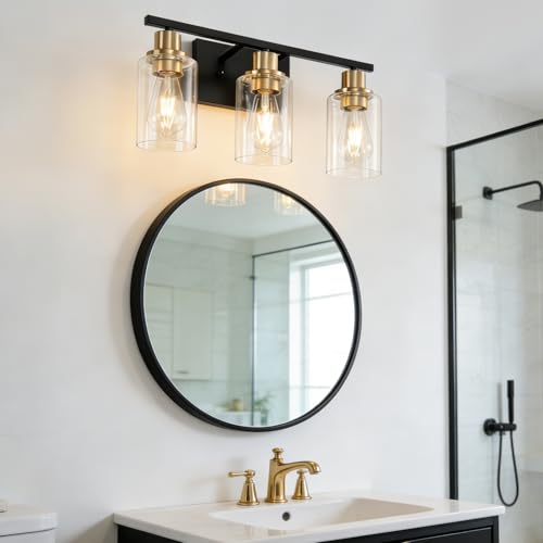 Image of Bathroom Light Fixture Black Gold Vanity Lights Over Mirror, 3 Light Wall Sconces Lighting with Clear Glass Shades, Modern Wall Lights Wall Lamp for Mirror, Hallway Kitchen Bedroom Cabinet