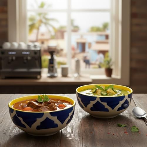 Image of Decorative Ceramic Eating Bowls for Regular Needs Kitchen Tableware Small Bowls for Dipping, Rice, Cereal, Soup, Desserts, Snacks, Fruits, Salads Dishwasher & Microwave Safe (Blue, Set of 6)