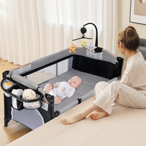 Image of INFANS Pack and Play, 5 in 1 Baby Bedside Sleeper with Bassinet, Diaper Changer, Mattress, Carry Bag, Music Box Hanging Toys, Foldable Bedside Crib, Portable Playard for Newborn Toddlers (Gray)