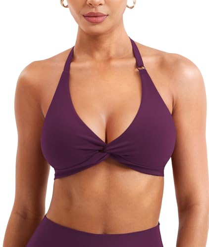 Image of YEOREO Halter Sports Bras for Women Low Impact Removable Padded Adjustable Deep V Bra Seamless Workout Gym Crop Tops