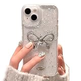 saymi's シルバー リボン おしゃれ 韓国 iPhone16 ケース クリア りぼん装飾 きらきら ラメ入り 銀箔 デザイン 透明 可愛い silver ribbon bow (iPhone16)