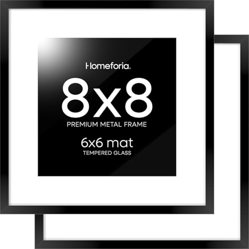 Homeforia 8x8 Black Picture Frame, High End Metal 8 x 8 Square Photo Frames with Mat 6 by 6, 8x8 Poster Frame Matted to 6x6 inch Print, 8by8 Wall or Tabletop Frames, Tempered Glass, Wall Kit, Set of 2