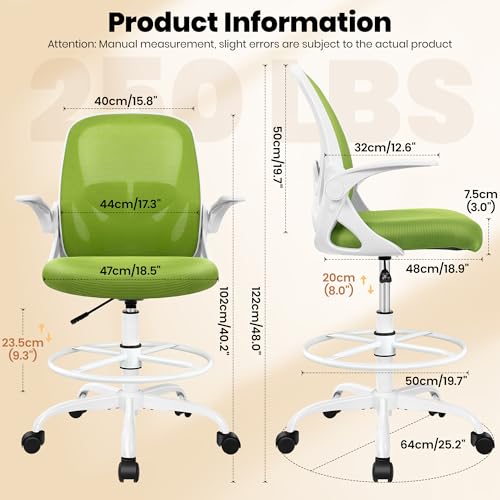 Image of Primy Drafting Chair Tall Office Chair with Flip-up Armrests Executive Ergonomic Computer Standing Desk Chair with Lumbar Support and Adjustable Footrest Ring (Green)
