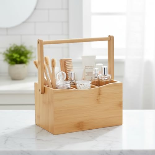 Deconox Bambu Taşıma Kulplu Çok Amaçlı Düzenleyici - 6 Bölmeli Çatal Bıçaklık | Ofis, Banyo ve Masaüstü Caddy Organizer (21.6x14x12.7 cm) - Görsel 4