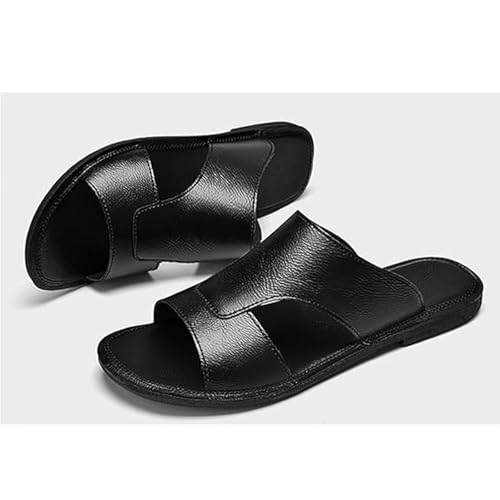 Men's Leather Perforated Sandals - Comfortable Lightweight Open-Toe Anti-Slip Slides Summer Outdoor Beach Shoes (10,Black)3