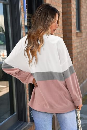 KISSMODA Womens Casual Long Sleeve Sweatshirts Color Block/Solid Tops Corduroy Crewneck Tunic Pullover with Pockets