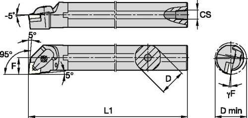 WIDIA A40TDCLNL12KC04 A-DCLN D-Style Clamping Boring Bar for Negative Inserts, 95° Angle, Steel, 40mm Shank Diameter, Left, 300mm Length
