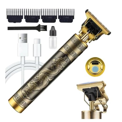 Máquina Maquininha de Cortar Cabelo Barbear Detalhe Pezinho Acabamento Dragão Vintage Profissional Recarregável USB Kit