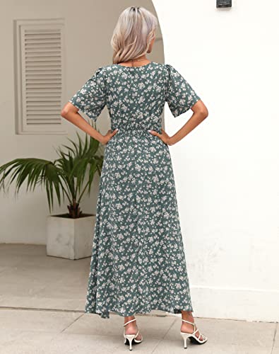 Kranda Summer Dresses For Women 2024 Fall Dress Spring Casual Long Beach Dress Deep V Neck Flutter Short Sleeve Front Slit Floral Maxi Dress High Waist Swing Flowy Boho Dress Dusty Sage Green Xl thumb #4