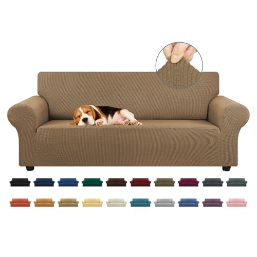 KEKUOU Stretch Sofa Cover Slipcover ,Couch Covers for 3 Cushion Couch Sofa pet Friendly (78"-94") Furniture Protector Sofa with Elastic Bottom for Kids,Dog, Jacquard Small Checked(Large,Camel)