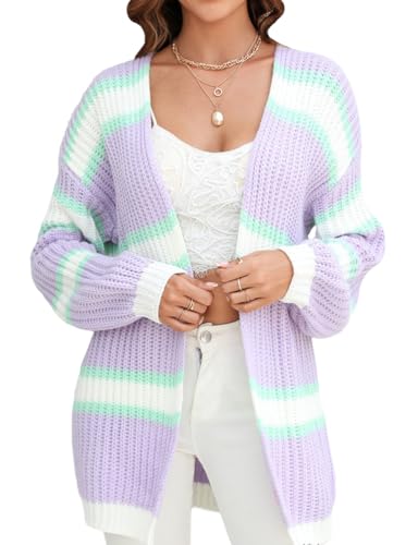 Kinghua Striped Sweater for Women Winter Fall Long Sleeve Color Block V Neck Loose Open Front Long Knit Cardigan Sweaters
