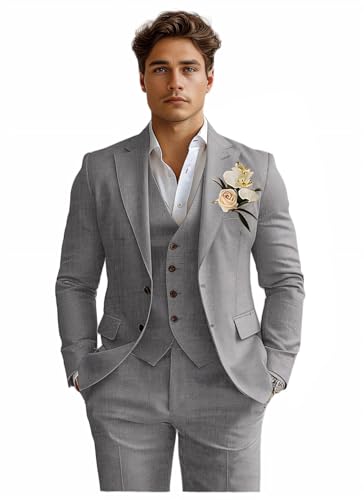 Herren-Anzüge, 3-teilig, schmale Passform, Leinen, Smoking, Anzug für Herren, Hochzeit, formell, Business-Anzug, Bräutigam, Abschlussball, Strand-Set, Outfits, GRAU, XL Herren-Anzüge, 3-teilig, schmale Passform, Leinen, Smoking, Anzug für Herren, Hochzeit, formell, Business-Anzug, Bräutigam, Abschlussball, Strand-Set, Outfits, GRAU, XL