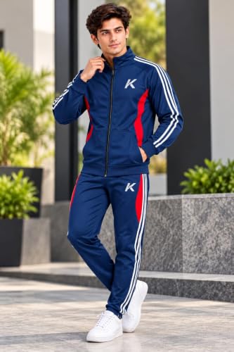Image of Krystle Men's Tracksuit Set for Gym & Sports | Full Sleeve Zip-Up Track Jacket with Track Pants | Athletic Training & Running Tracksuit Set (Blue,Multisize)