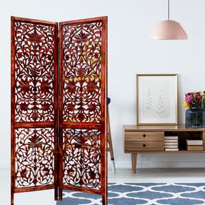 Decorative Mango Wood Room Divider Partition, 2 Panel, Brown, 40x72 Inch, Bohemian Style, Intricately Hand-Carved Floral Pattern-image-45