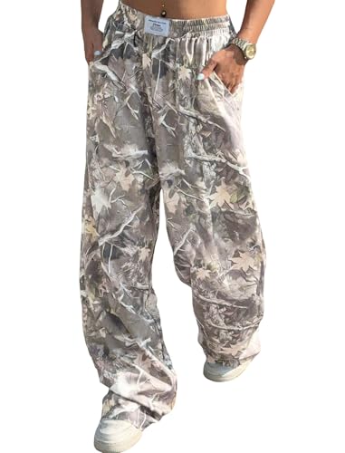 ZAFUL Women's Camo Cargo Pants Y2K Elastic High Waisted Wide Leg Casual Straight Pants Joggers Sweatpants with Patch Detail