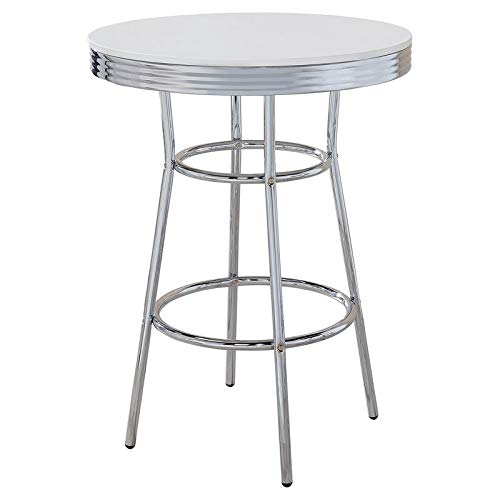 Coaster Home Furnishings Retro 1950S Soda Fountain Round Pub Height Bar Table White High Gloss Chrome Metal Frame #TOP9
