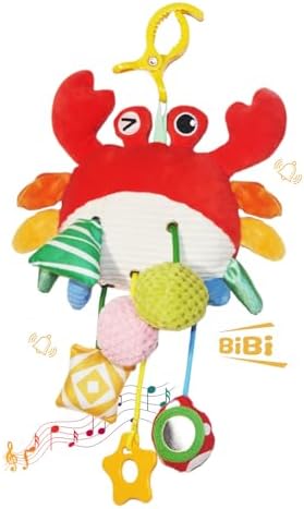 Crab Baby Toy - Clip-On Hanging Sensory Toy for Car Seat, Stroller, Gym with Squeaker, Crinkle, Rattle, Mirror & Teether | Soft Plush 18 Months Infant Developmental Toy for Tummy Time (Red)