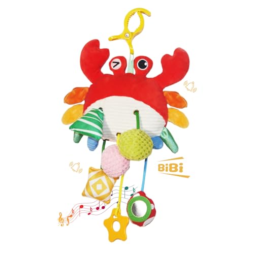 ElapseGlow Crab Baby Toy - Clip-On Hanging Sensory Toy for Car Seat, Stroller, Gym with Squeaker, Crinkle, Rattle, Mirror & Teether | Soft Plush 18 Months Infant Developmental Toy for Tummy Time (Red)