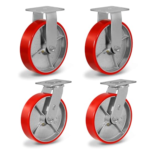 8"X 2" Casters, Set of 4 Heavy Duty Industrial Caster Wheels, Polyurethane Wheels with Strong Load-Bearing Capacity 6000lbs (2 Swivel &amp; 2 Rigid)