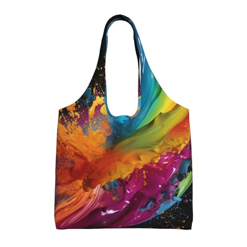 Canvas Tote Bag for Women Shoulder Tote Purse Reusable Grocery Bag Colorful paint splashed on black background Aesthetic Shopping Bags