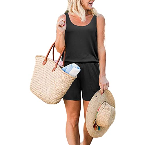 Mocibo Womens 2 Piece Outfits Casual Tracksuits Sweatsuit Sleeveless Scoop Neck Elastic Shorts Solid Loose Sports Sets With Pockets For Summer Black M #TOP4